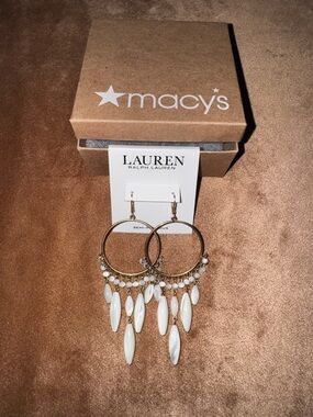 Ralph Lauren Gold-Tone Hoop Earrings with White Beads